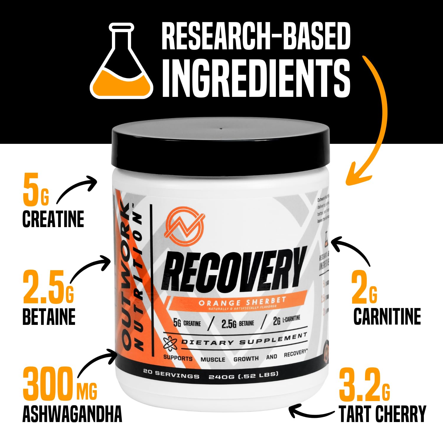 Outwork Nutrition Post Workout Recovery Powder - Creatine Monohydrate, KSM-66 Ashwagandha & Tart Cherry - Speeds Recovery, Eases Soreness - Creatine Powder for Men & Women, Orange Sherbet, 230 Gr