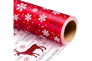 MAYPLUSS Christmas Wrapping Paper Roll, 17 Inch X 16.5 Feet Christmas Gift Wrapping Paper Featuring Reindeer Reversible Snowflake Thick Wrap Paper for Holiday Party New Year Kids