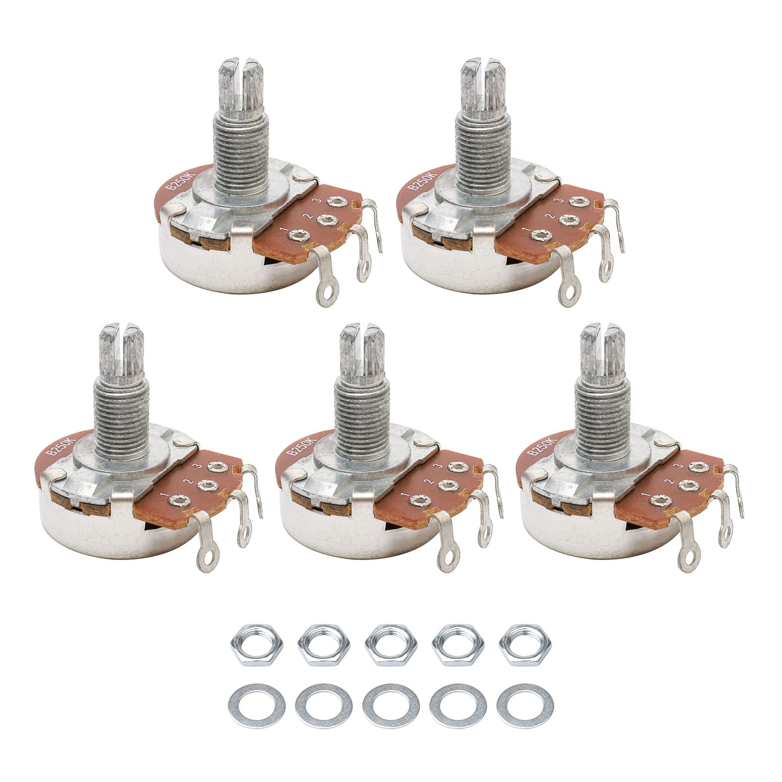 Pxyelec 5 Pack Full Size B250k Long Split Shaft 18mm Electric Guitar Bass Volume Tone Pots Potentiometer