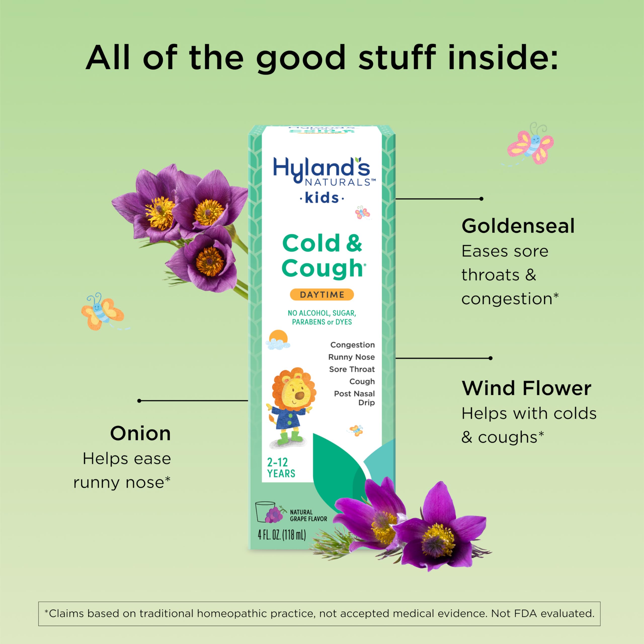 Hyland's Kids Cold and Cough, Daytime Grape Flavor Cough Syrup Medicine for Kids Ages 2 and up, Decongestant, Sore Throat Relief, Natural Treatment for Common Cold Symptoms, 4 Fl Oz