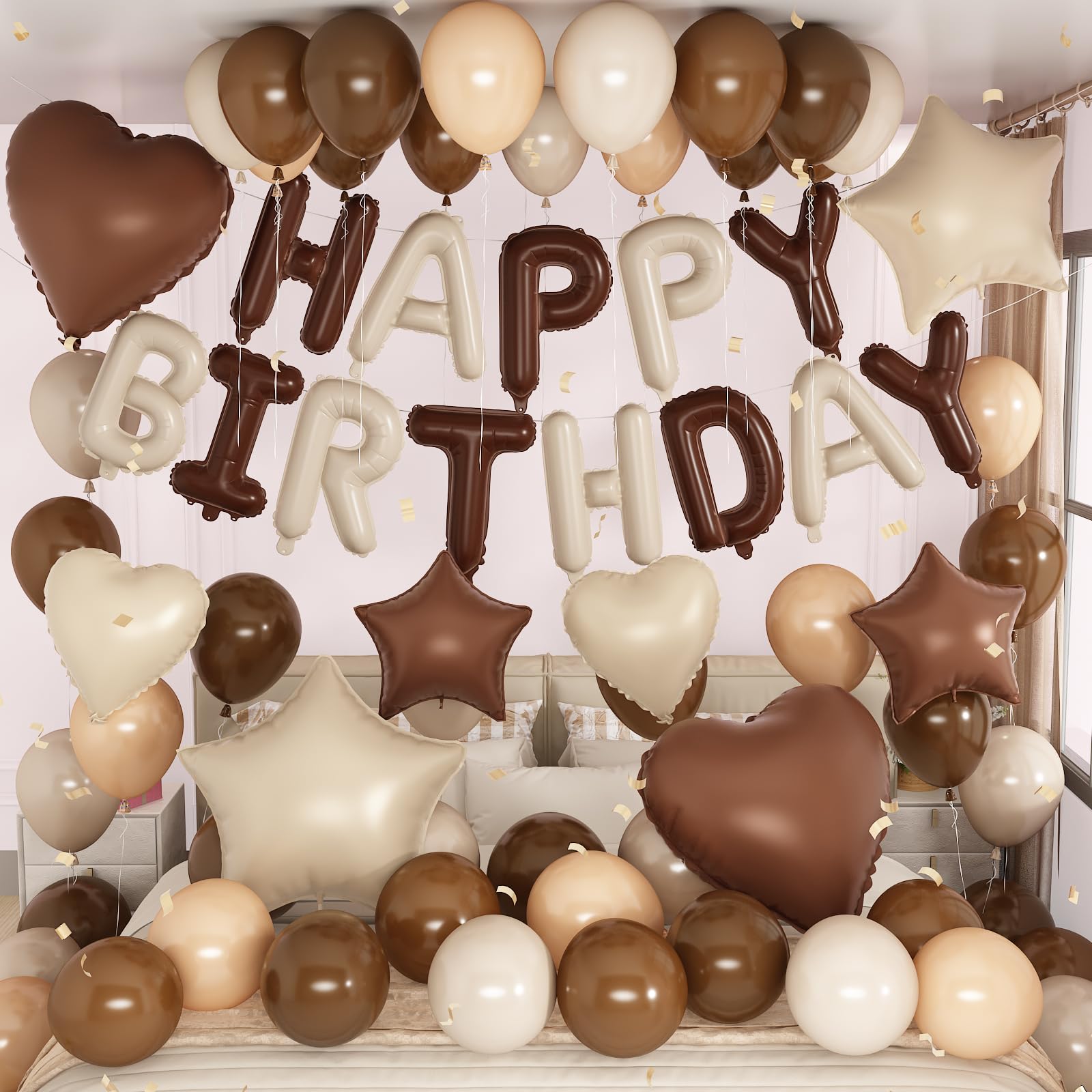 Froova Cream Brown Birthday Decorations Boho Neutral Nude Brown Coffee Beige Apricot Sand White Balloons Happy Birthday Banner Heart Balloons 18/10 Inch Star Balloon for Women Bday Party Supplies