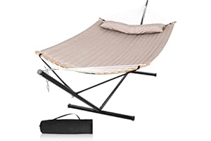 Mansion Home Double Hammock with 12 FT Stand, 2 Person Curved Bar Hammock with Stand, Pillow and Portable Carrying Bag, Heavy Duty 450lbs Capacity, Tan