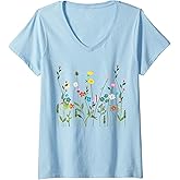 Women's Women Wildflower Summer Flowers Blooming Floral Graphic V-Neck T-Shirt