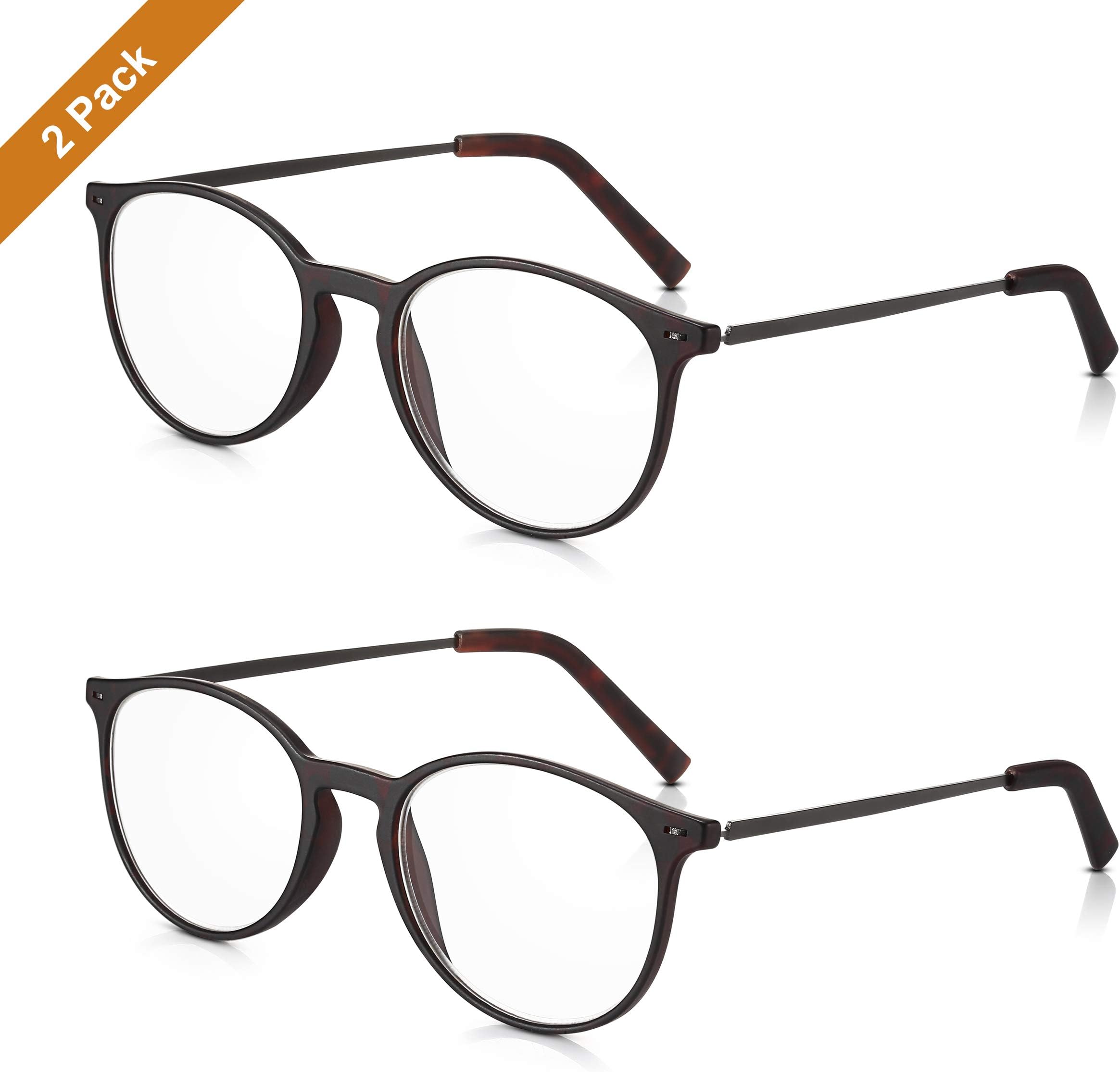 Read Optics 2 Pack +2.00 Mens/Womens Non-Prescription Reading Glasses: Classy Spectacles in Dark Polycarbonate Round Frames + Stylish Metal Arms. Durable, Lightweight + Optical Quality Lens