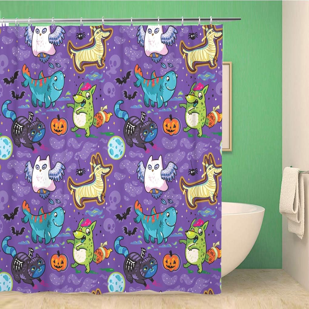 rouihot 66x72 Inches Shower Curtain Set with Hooks Halloween Pattern with Owl The Ghost Four Leg Shark Dog Mummy Fox Zombie Black Cat Home Decor Waterproof Polyester Fabric Bathroom Curtains