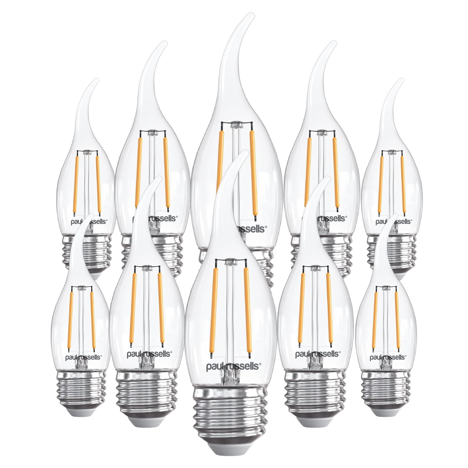 paul russells LED Flame Candle Filament Bulbs - Pack of 10 – 2.5W 25W Equivalent 250LM Lumens 2700K ES E27 Edison Screw C35T– Super Bright Energy Saving Light Non-Dimmable Warm White Lamp