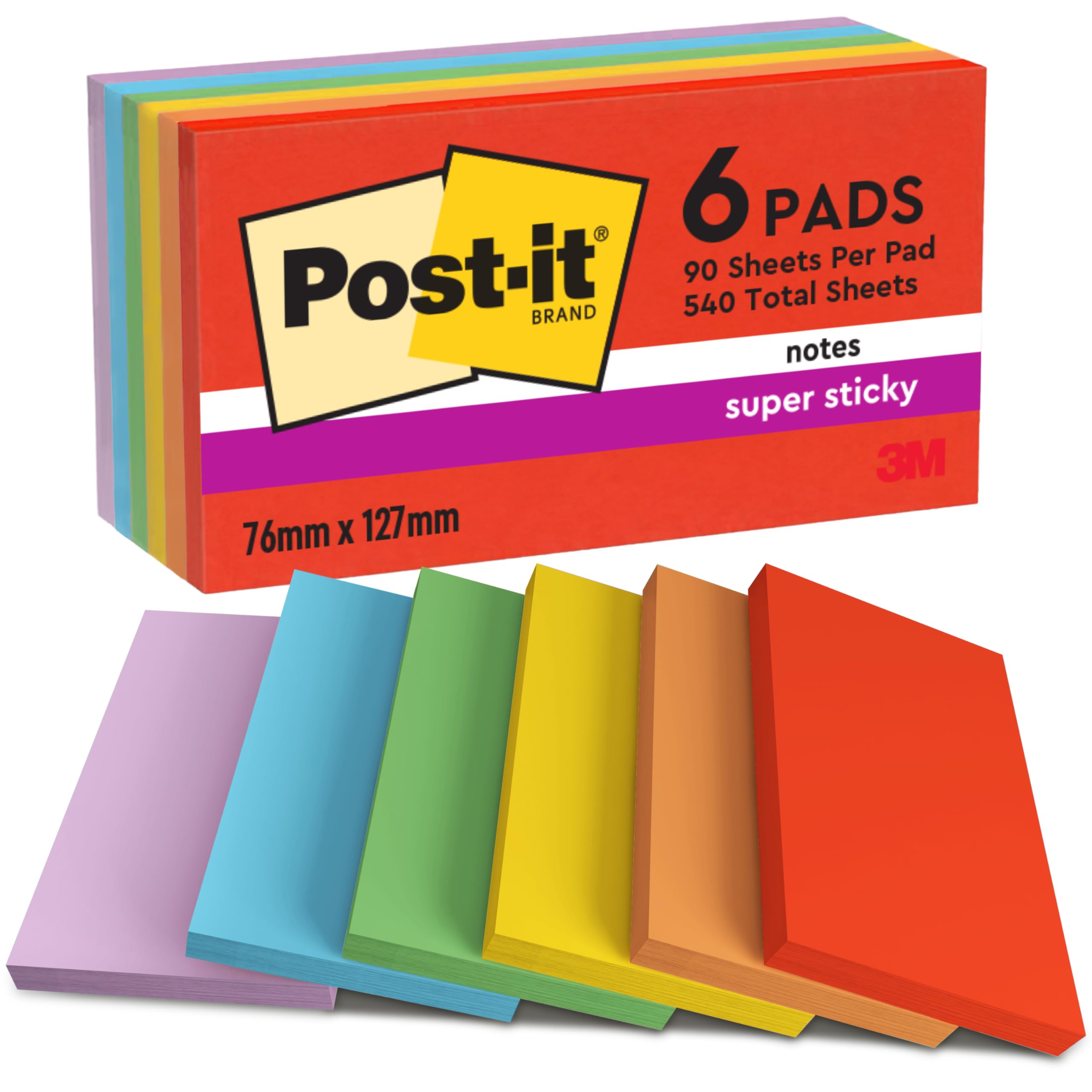 Post-it Super Sticky Notes, 540 Sheets, Pack of 6 Pads, 76 mm x 127 mm - Holds Strong to Many Surfaces - Bright Colours - for Walls, Monitors and Fridge, Recycable