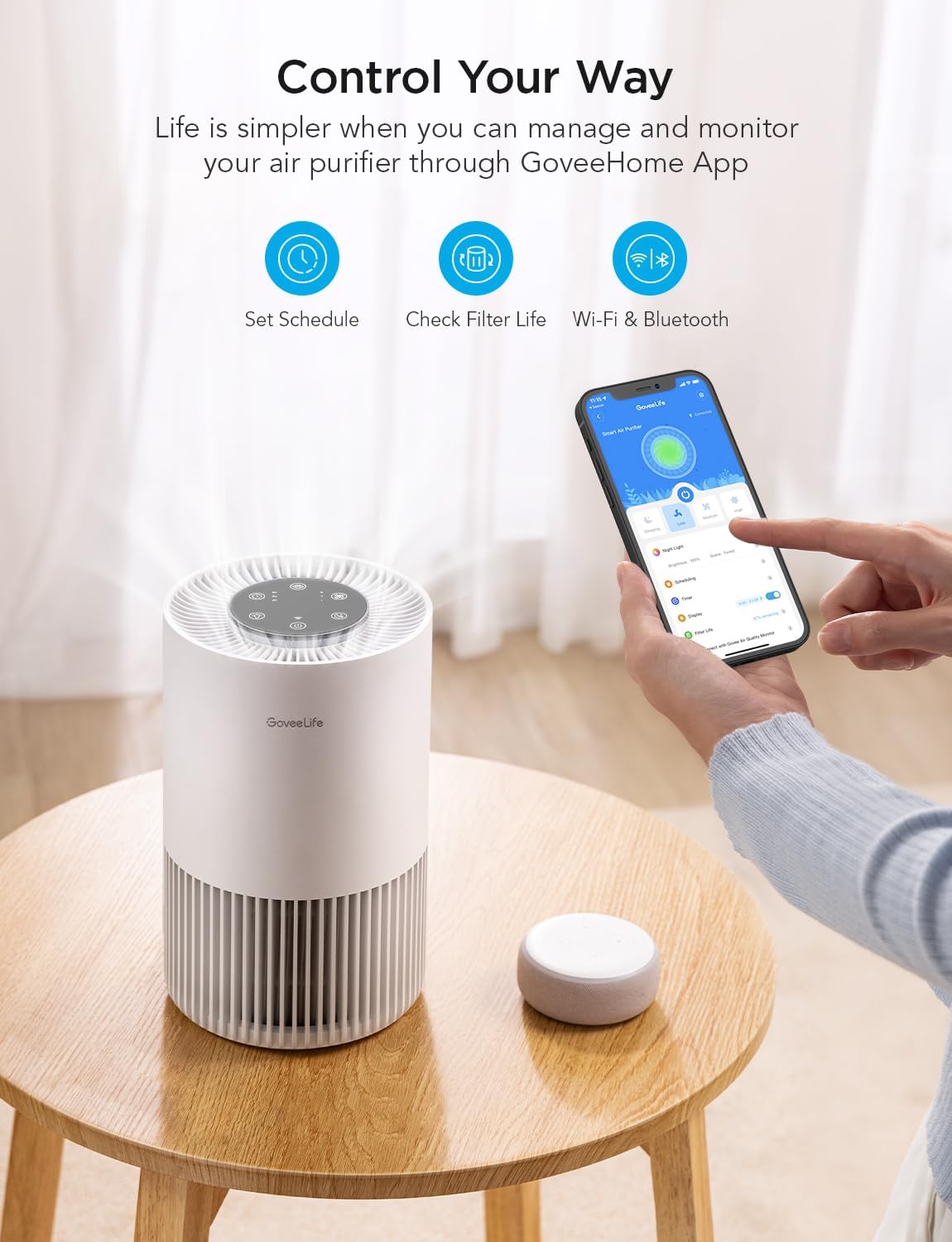 GoveeLife Smart Air Purifiers for Bedroom, Portable Filter Cleaner with WiFi Alexa Control for Pet Hair Odors Pollen Smoke, 24dB Quiet Air Purifier with 3 Speeds, Timer, Aromatherapy for Desktop