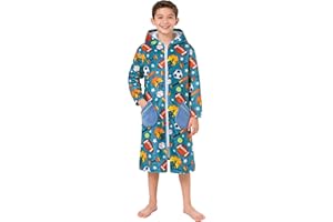 Funnycokid Boys Bathrobe Zipper Kids Soft Fleece Hooded Robe 7-14 Years