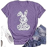 peugryu Easter Various Bunny Shirts for Women Easter Egg Leopard Bunny Graphic Tee Spring Cute Tops, Large