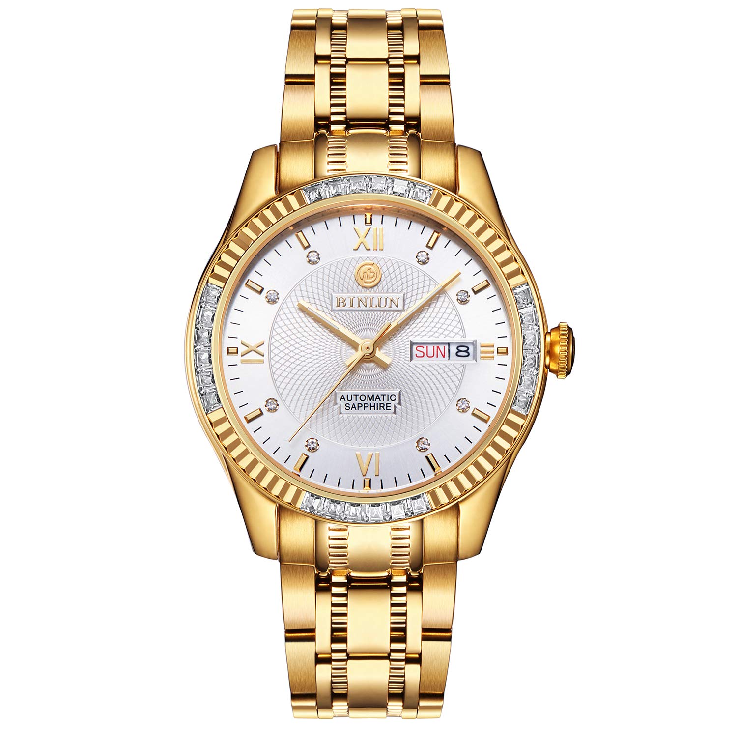 BINLUNMen's Automatic Gold Watches 18K Gold Plated Diamond Mechanical Watch Waterproof Stainless Steel Skeleton Wrist Watch for Men