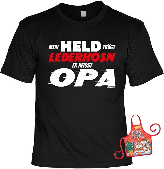 Lederhosen Opa Set lustiges Sprüche TShirt + Minischürze trägt