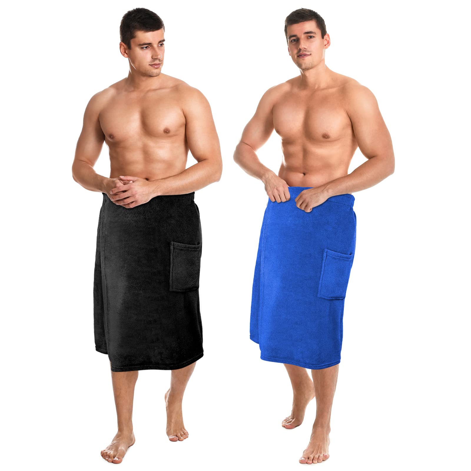 Photo 1 of Tudomro 2 Pcs Men's Bath Wrap Towel Medium Shower Adjustable Terry Body Spa Towel with Pocket After Shower Wrap for Men Gift Spa College Bath Dorm Room Gym(Black, Bright Blue)