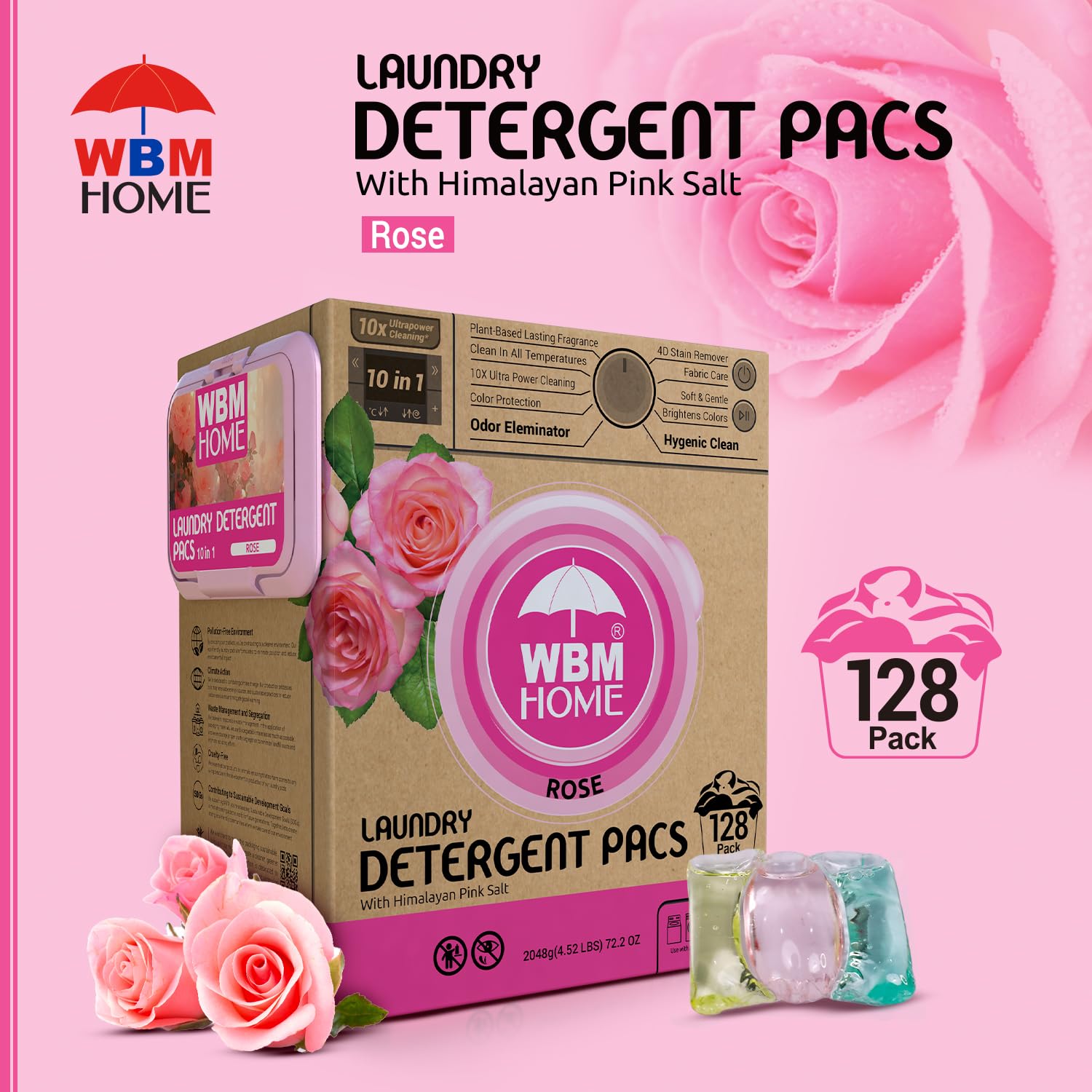 WBM 10-in-1 Laundry Pods, Total 128 Count, High Efficiency, Ultra Concentrate with Powerful Stain Lifter Technology, Fabric Softener With Rose Extracts, Detergent Pods