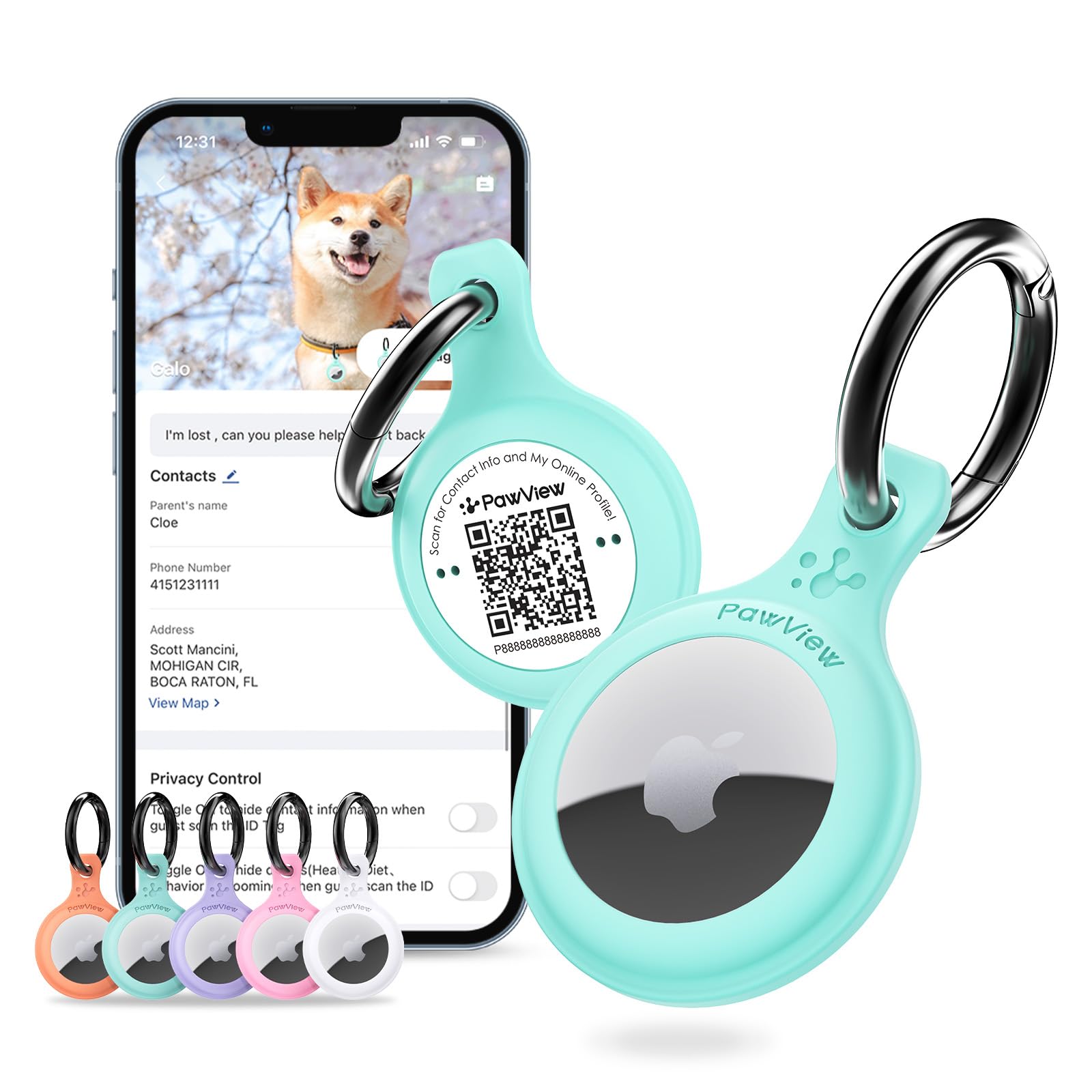 AirTag Holder & Collar for Pets. GPS Tag & App with Smart QR ID for Instant Location, Pet Profile and Contact Info. Dog Tracker or Cat Tracker(Tiffany)