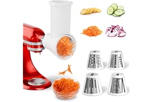 GUANQIAO Slicer Shredder Attachment for KitchenAid Stand Mixer, Cheese Grater Attachment for Kitchenaid, Salad Maker, Grinding Powder, Dishwasher Safe with 4 Blades, White
