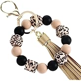 Mabor Beaded Keychain Silicone Key Ring Bracelet Wristlet for Women, Leopard Keychain with PU Tassel Bag Pendant