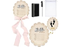 Threehoney Baby Announcement Sign 7 Inch Double Sided Wooden Hello World Newborn Engraved Sign with Organza Bag Marker Pen Ink Pad Ribbon Bow for Baby Shower Hand Footprints Photo Prop (Pink Bow)