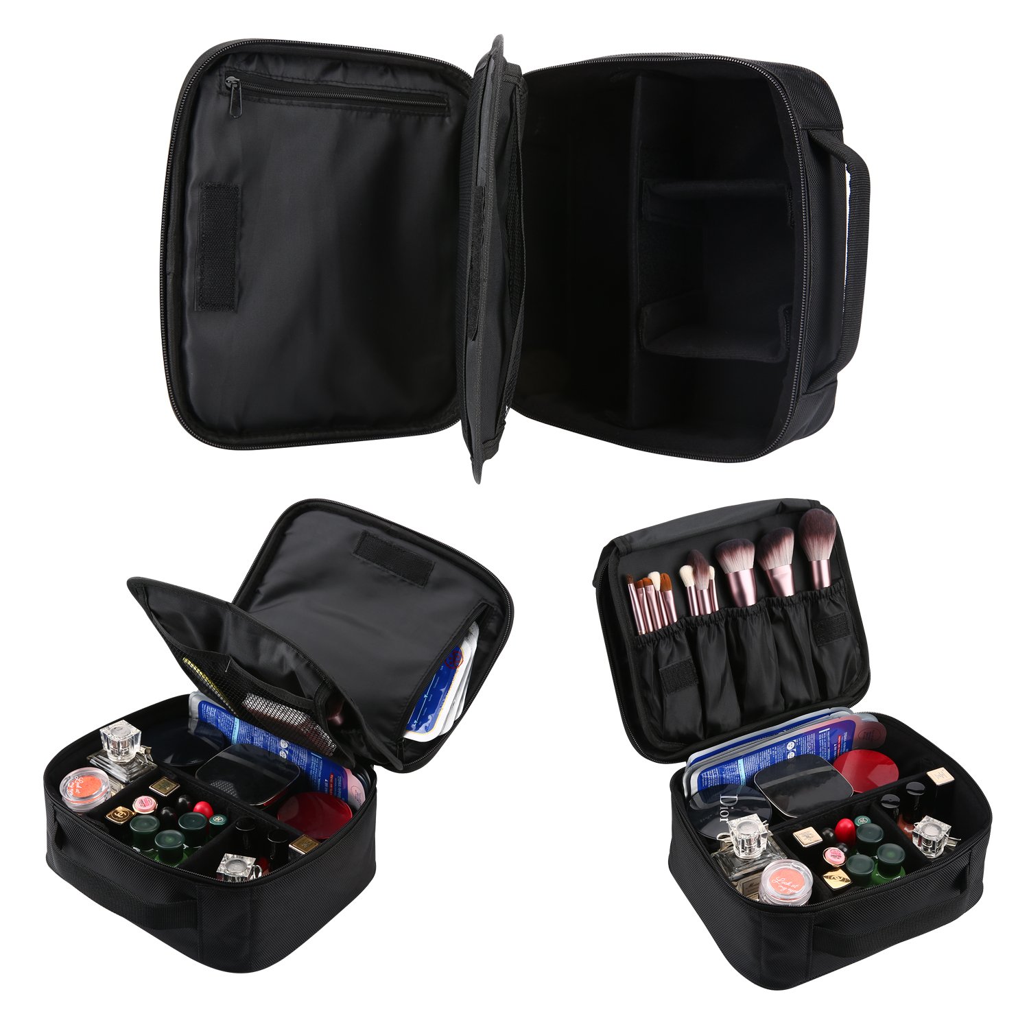 Travel Makeup Train Case, Professional Cosmetic Bag Portable Toiletry Bags with 3 Layers Adjustable Divider for Women Girls