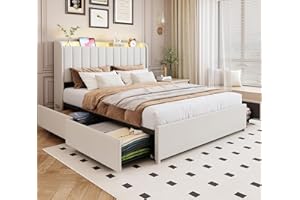 TIGUBFRE Full Bed Frame with 4 Drawers and Storage Headboard, Upholstered Platform Bed Frame Full Size with Led Lights and Handy Charging Station, No Box Spring Needed, Easy Assembly, Noise Free, Beige