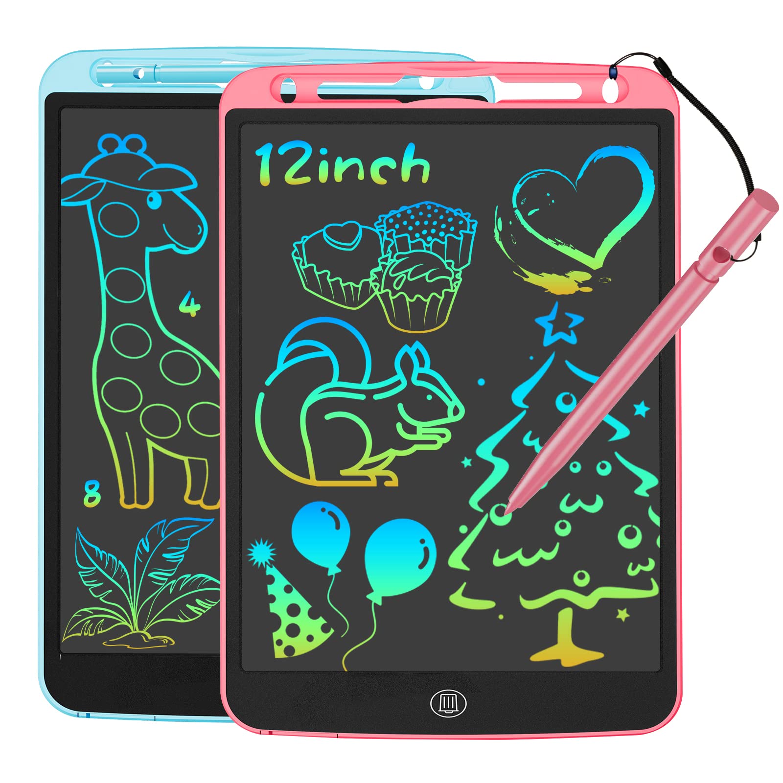 JOEAIS LCD Writing Tablet 2 Pack, 12 Inch Drawing Pads for Kids With Stylus Lanyard, Doodle & Scribble Boards Learning Toy for Children, for Both Boys and Girls (Pink+Blue)