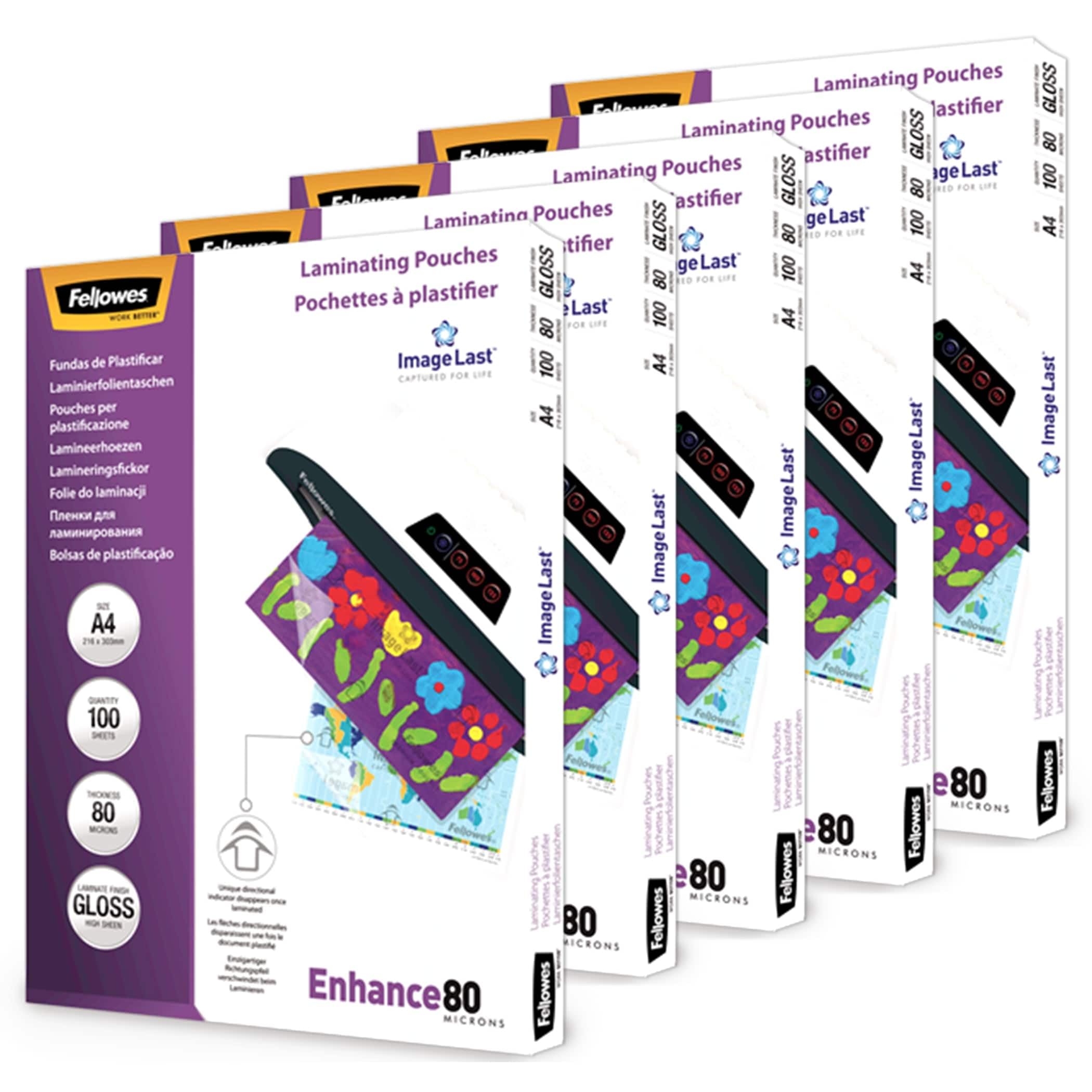 Fellowes A4 Laminating Pouches - Gloss Finish - 500 Sheets (5x100 Sheets), 160 Micron (2x80) Clean & Durable Lamination Pouch with ImageLast Directional Mark - Ideal for Photos and Notices — image 1