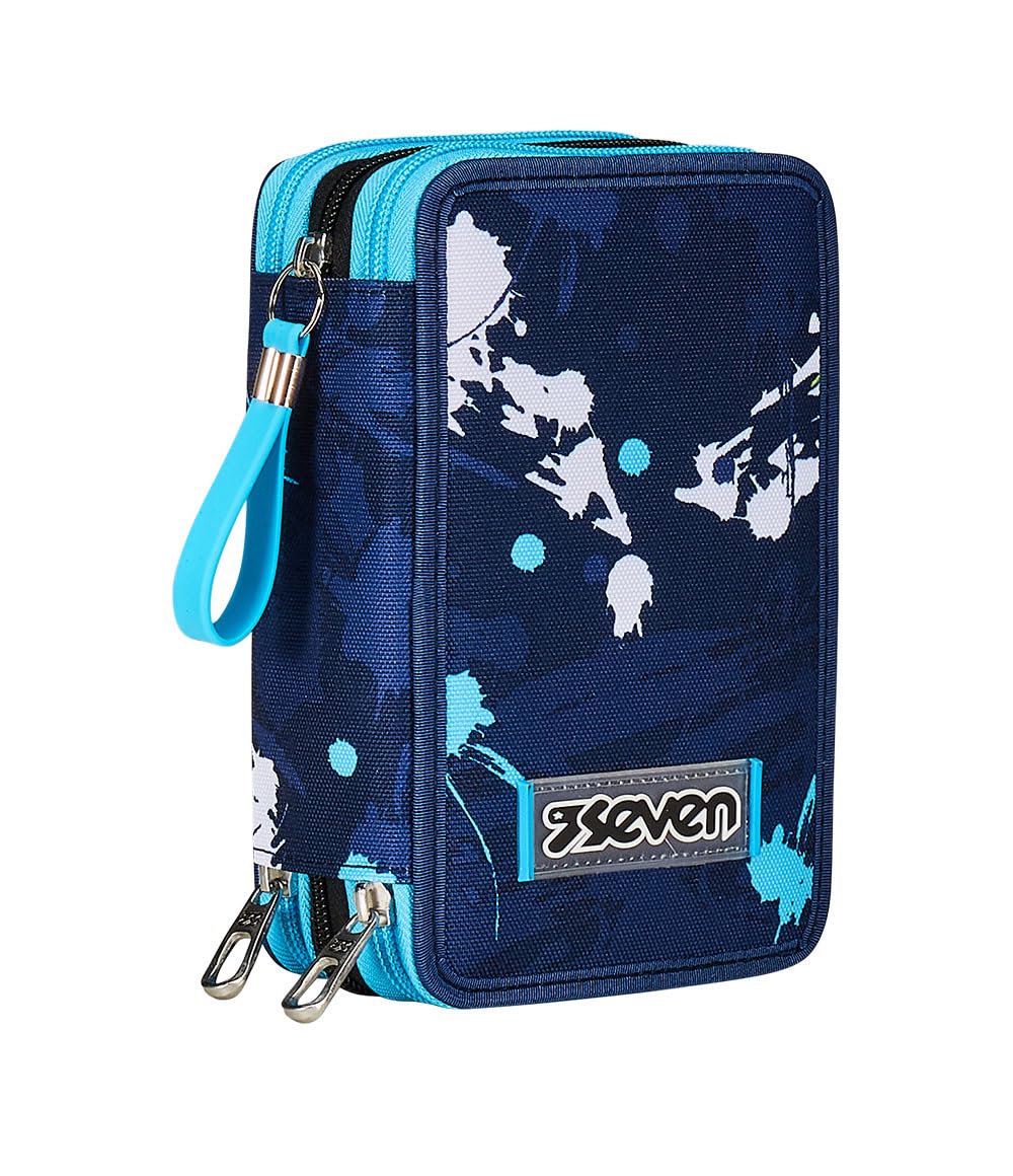 Seven Pencil Case 3 Compartments, Blue, Triple Compartment, Complete with Pencils, Marker, Colours, Backpack Accessories, Elementary, Medium, Superior, Child and Boy, Blue, Taglia Unica, School
