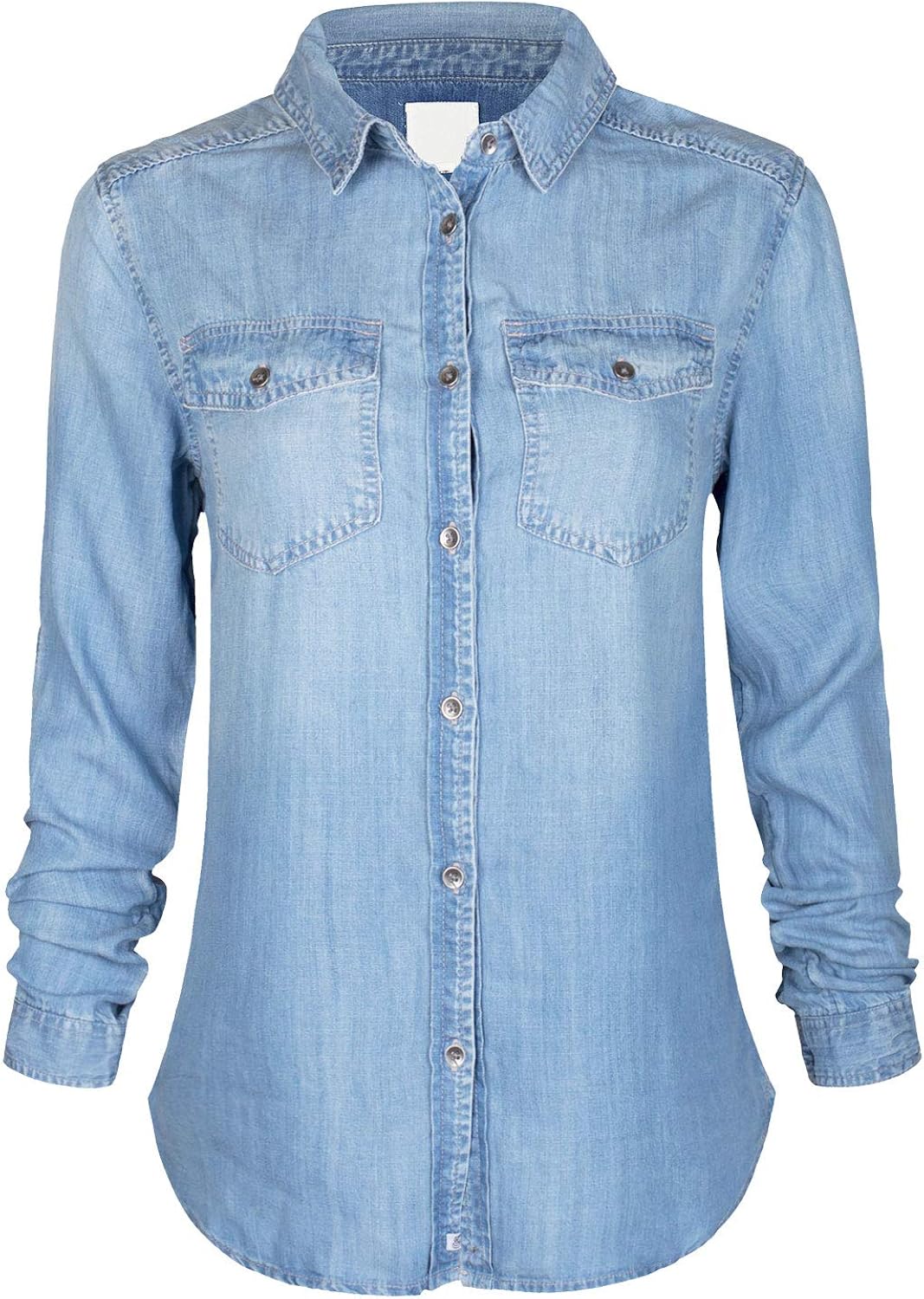 Design by Olivia Women's Classic Long/Roll Up Sleeve Button Down Denim Chambray Shirt: Clothing