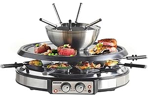 GIVENEU Electric Fondue Pot Set with Barbecue Grill, 600ml Pot with 8 Forks and Electric Raclette, Dual Adjustable Thermostat