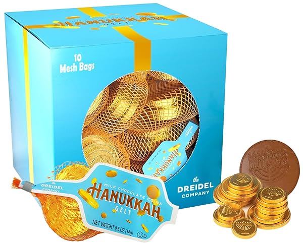 THE DREIDEL COMPANY 20-MESH BAGS ORIGINAL HANUKKAH CHOCOLATE GELT GOLD COINS, WITH MENORAH AND DREIDEL DESIGN, MADE WITH PREMIUM BELGIAN MILK CHOCOLATE, GLUTEN FREE, NON-GMO, KOSHER CERTIFIED
