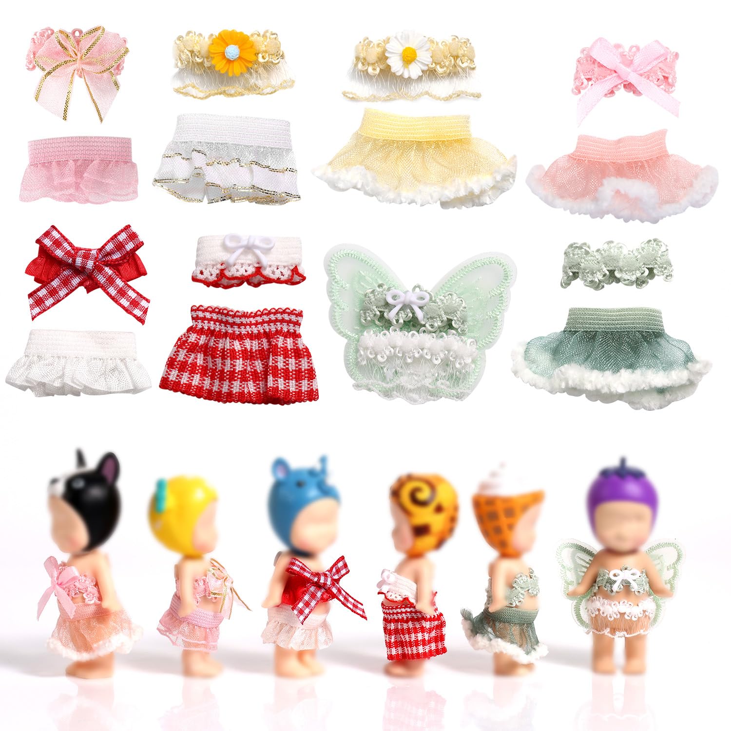 Goktvai 8 Sets 3 Inch Doll Outfits for Sonny Angel, Adult Collector Clothes with Tops & Skirts Doll Accessories for Decoration and Display (Yellow, Green, Red, Pink)