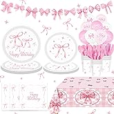 160pcs Pink Bow Birthday Decorations,Conquette Decorations Includes Napinks Plates Forks Pink Bow Theme Tableware Party Supplies Bow Girls Birthday Party Decor