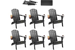CARAUCI Folding Adirondack Chair Set of 6, Wooden Textured Plastic Adirondack Chairs with 2 Cup Holder, Weather Resistant HDPE Fire Pit Chair, Outdoor Patio Chairs for Garden, Backyard, Lawn, Deck, Black