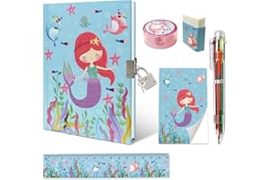 Girls Diary with Lock, Kids Notebook Stationary Set Incl. Mermaid Girls Journal with Lock Memo pad 6 Colored Pen Ruler Eraser
