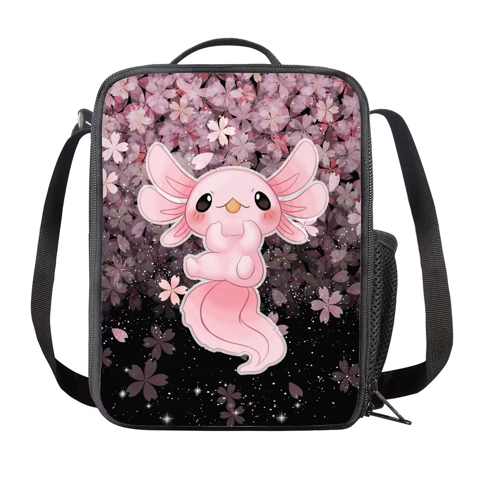 HELLHERO Cute Axolotl Lunch Bag Cherry Blossom Lunch Box Lunchbag Picnic Organzier Shoulder Tote Handbag for Adults Kids Girls School Daycare Office Beach Trip Camping