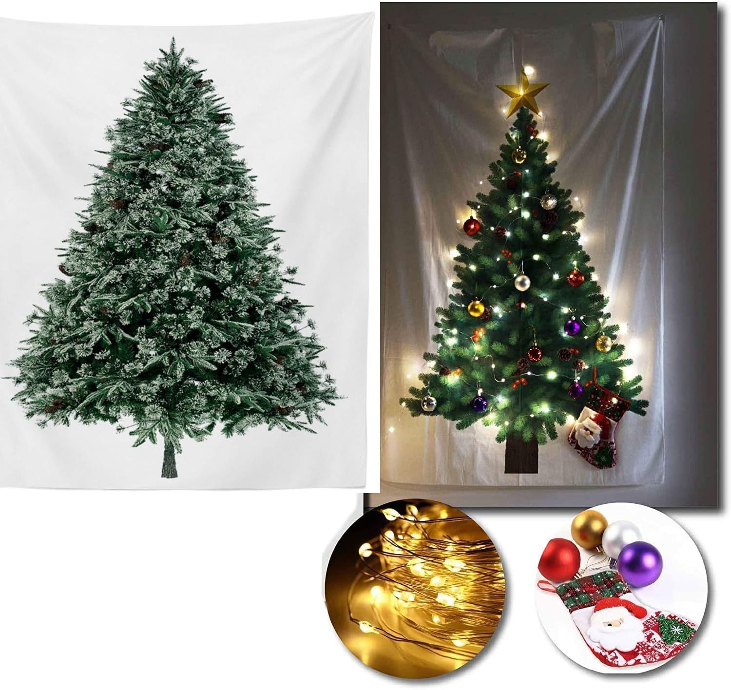 Amazon クリスマスツリー タペストリー Ledライト オーナメント4色 付き 12個入り 北欧風 イルミネーション 壁 階段 玄関 飾り4種類 New1バージョン 150cm 130cm クリスマスツリー おもちゃ