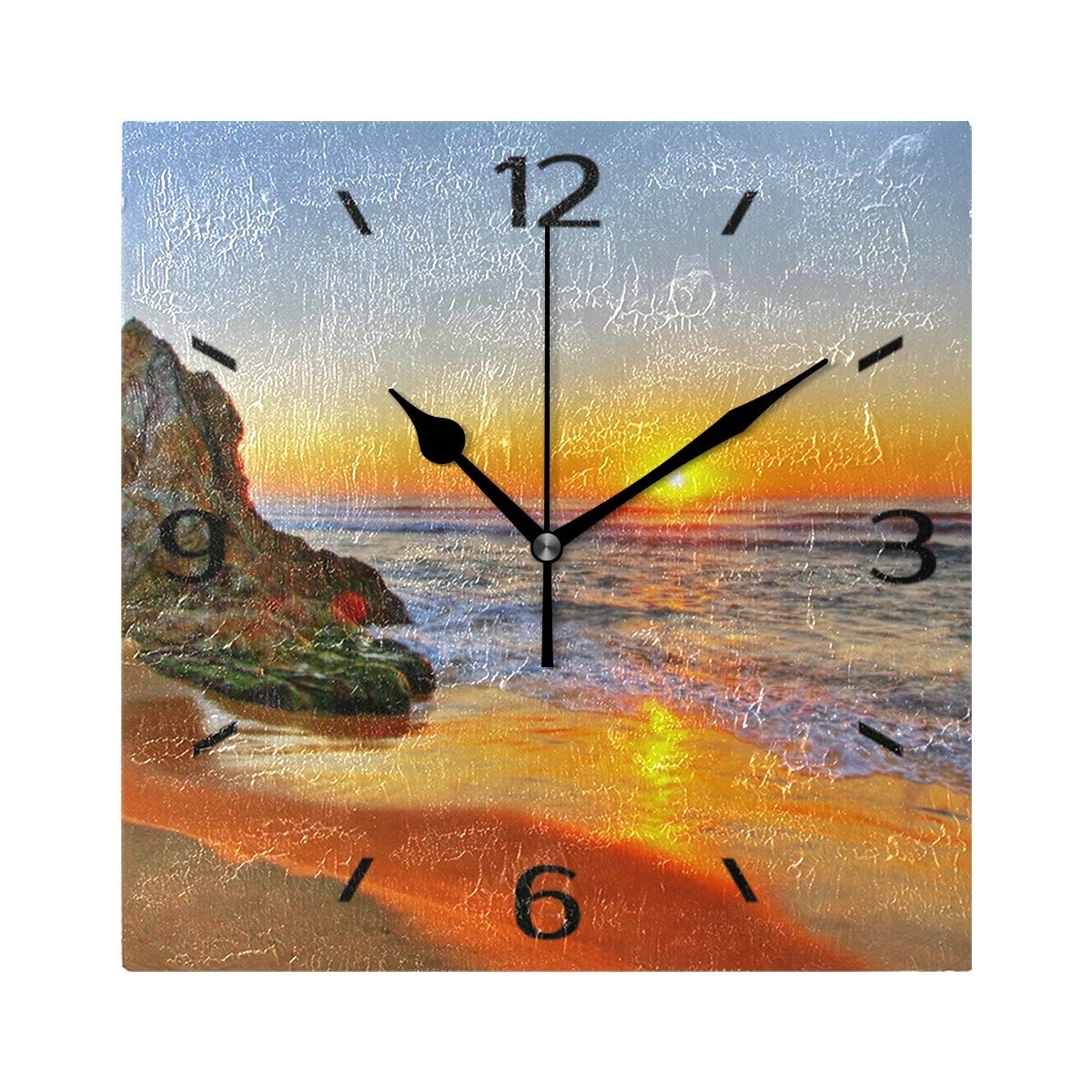 ALAZA 20cm Silent Square Wall Clock, Scenic Sunrise Beach Rocks Non Ticking Clock for Living Room Kitchen Bedroom Office Decorative with Desktop Stand
