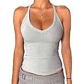 Danysu V Neck Racer Back Tank Top for Women Padded Ribbed Long Tank Fitted Basic Cami Tops