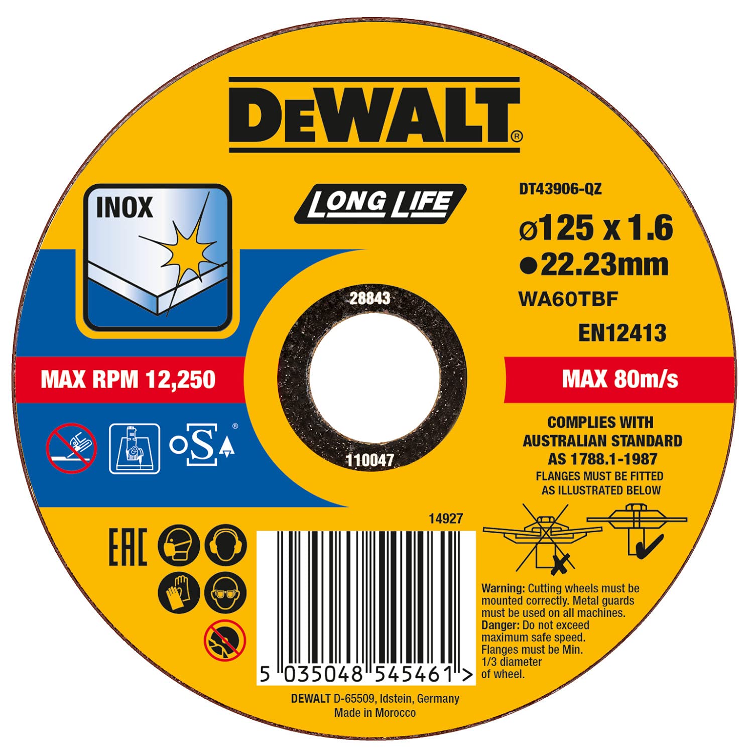 DeWalt DT43906-QZ EXTREME STAINLESS STEEL CUTTING DISC - FLAT - 125mm 1.6mm - 1 Piece