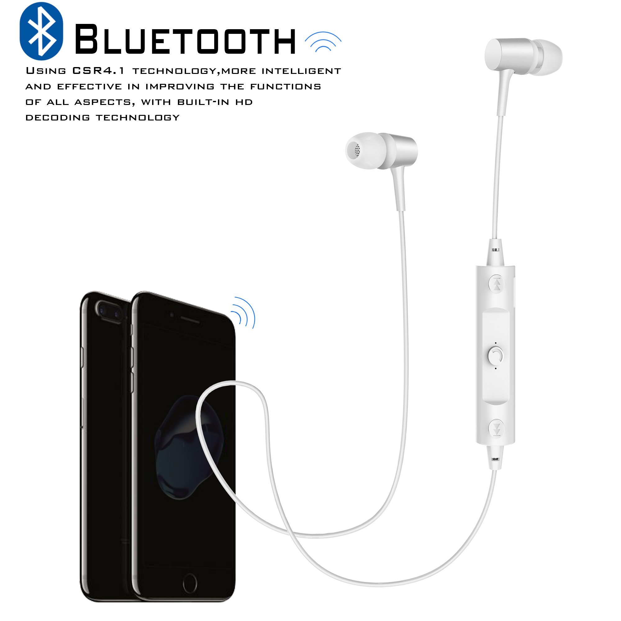 Bluetooth Headphones Sweatproof Sports Earphones Wireless Headset Magnetic attraction Earbuds for Running Workout Gym Noise Cancelling White