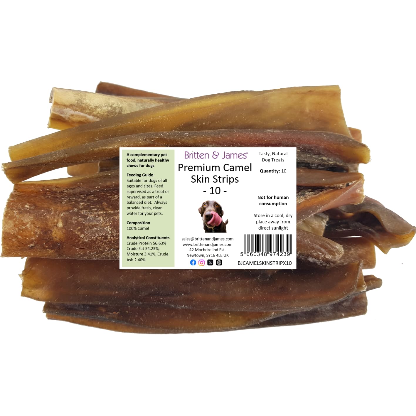 10 Premium Camel Skin Strips for Dogs by Britten and James (350g approx). Natural, Grain Free, Long Lasting Dental Chew and Treat