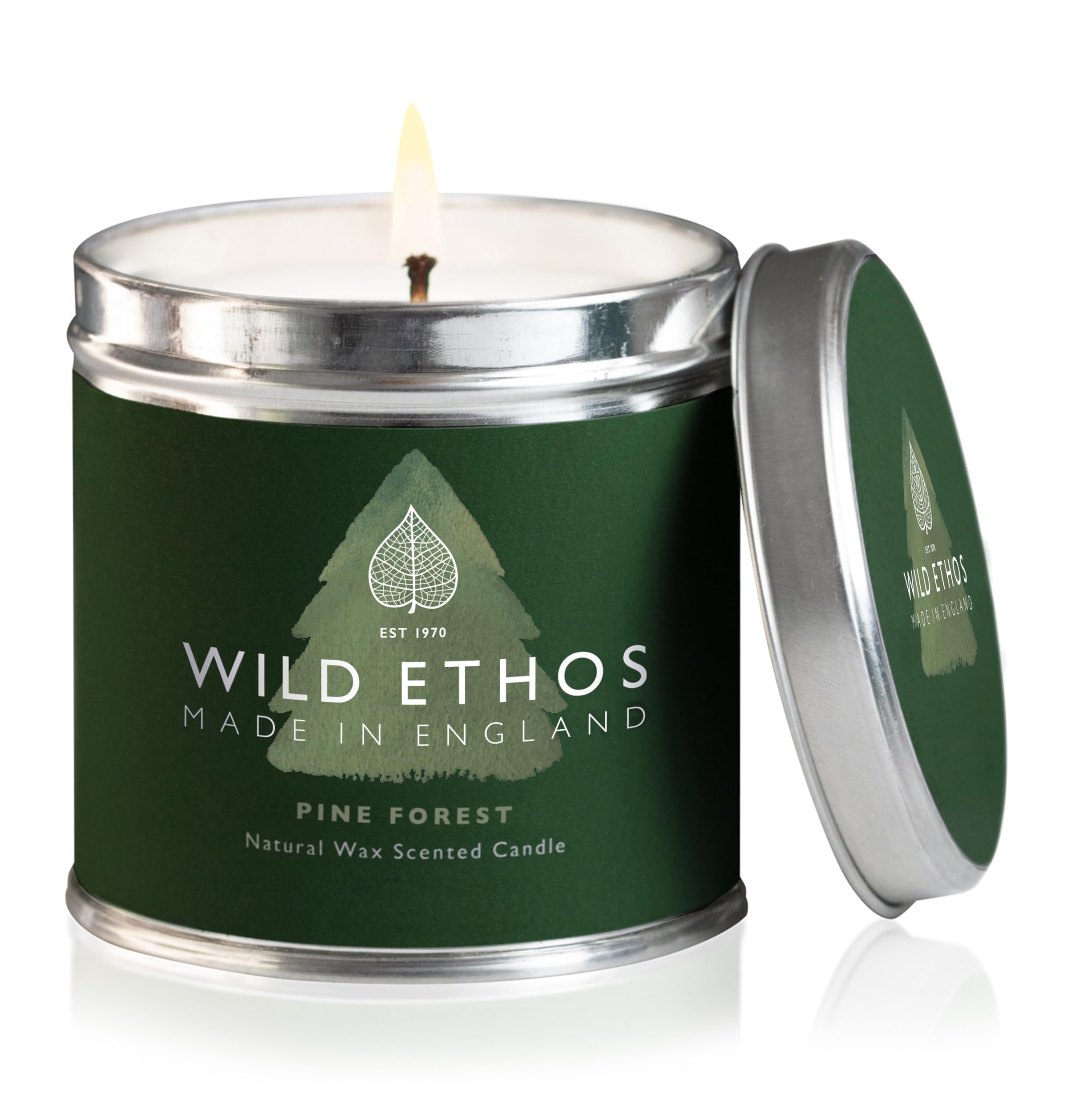 Wild Ethos Naturals Premium Scented Natural Wax Tin Candle - Pine Forest Scent - Hand-Poured in UK - Burn Time 40+ Hours - Natural Ingredients for Less Smoke & Slow Burn