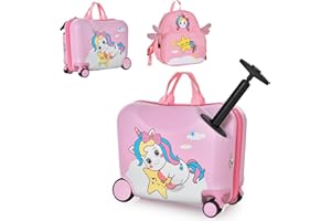 SPORFIT Kids 2-Piece Travel Kit, 4-Wheel Ride-on Luggage with Telescopic Handle, Anti-Lost Leash & Carry Strap, Scooter Suitc