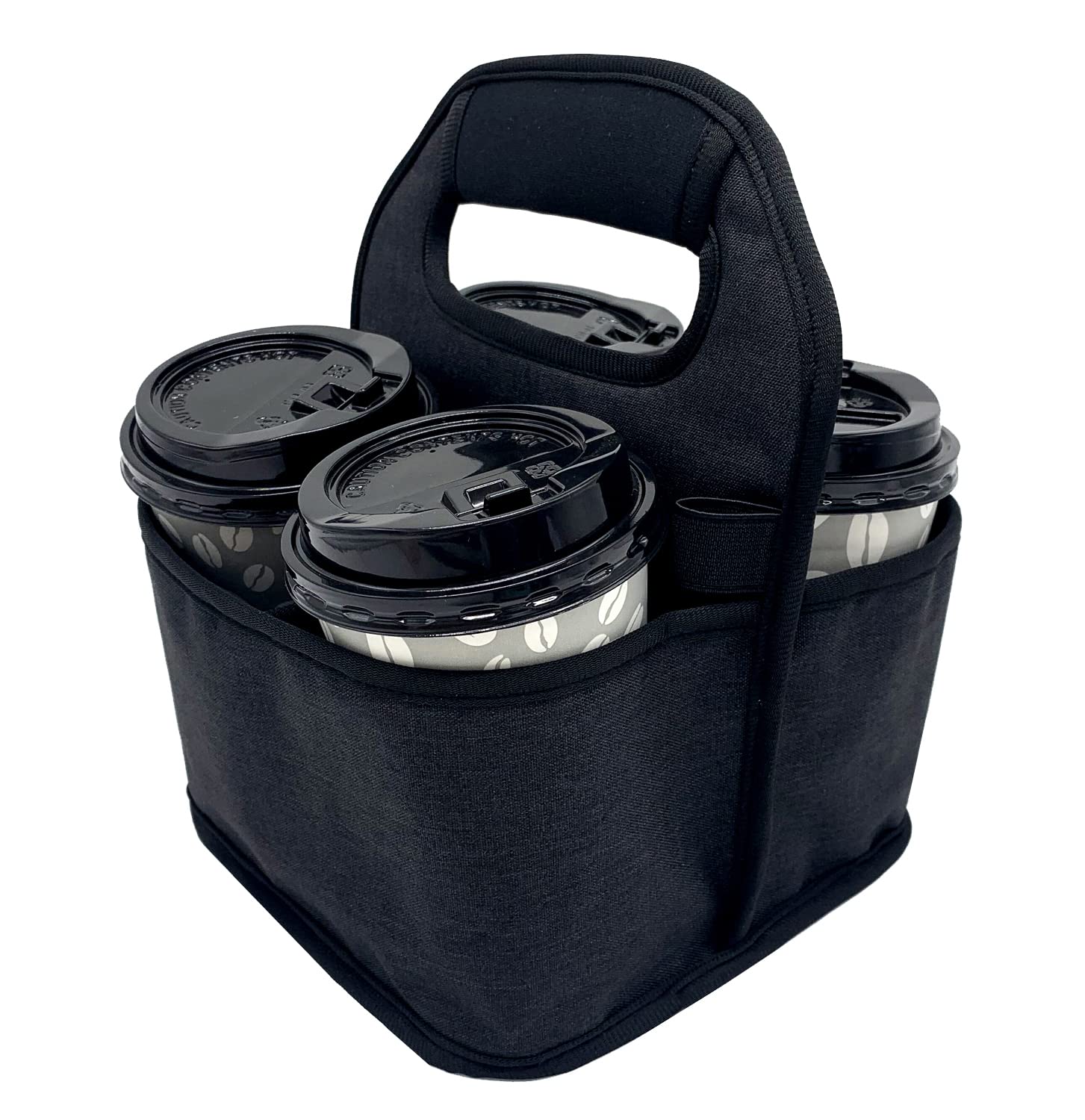 KOSTOO Portable Drink Carrier and Reusable Coffee Cup Holder for Hot or Cold Drinks, On-The-go Water Bottle Cup Caddy with Adjustable Elastic Fastening Strap, Gray (Black-4 Pockets)