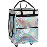 TCOMAKE Reusable Grocery Bag on Wheels, Rolling Shopping Bags with Wheels and Handle, Folding Rolling Tote Trolley, 3 Pockets and Zipper Cover, Carries Up to 46 LBS (Medium, Phantom White)