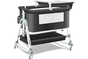 Uuoeebb 4 in 1 Bedside Bassinet for Baby, Portable Baby Bassinet with Wheels, Baby Crib with Mosquito Net, Storage and Mattress Included, Foldable Travel Bassinet for Baby/Newborn (Black)