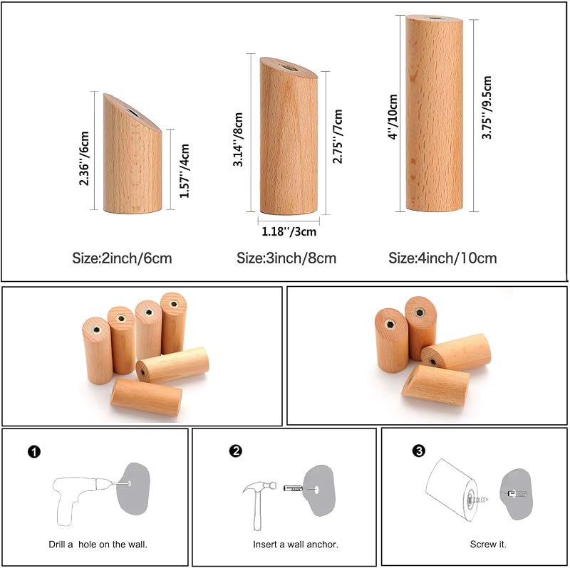Wandhaken Holz Rund,Kleiderhaken Holz Wand, Dekorative Garderobenhaken Holz, Vintage Garderobe,Holzhaken,Huthaken (Buche-6cm, 6p) — Foto 7 von 7
