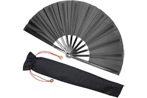 Zolee Large Rave Folding Hand Fan for Men/Women - Chinese Japanese Solid Kung Fu Tai Chi Handheld Fan with Fabric Case - for EDM, Music Festival, Club, Event, Party, Dance, Performance, Gift (Black)