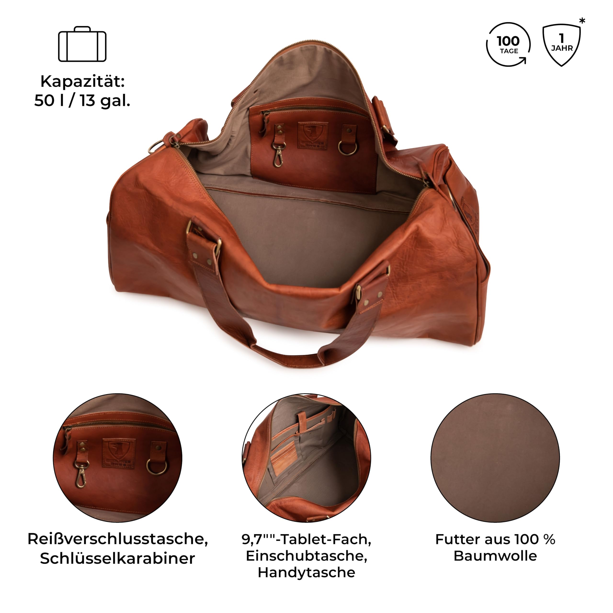 Berliner Bags Vintage Weekender Oslo, wasserdichte Reisetasche aus Leder, Duffel Bag, Sporttasche, Groß 50L, für Herren und Damen - Braun 4