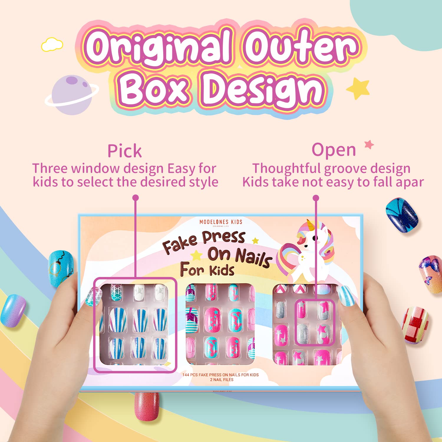 Modelones Press on Nails for Kids 144Pcs 6 Pack Children Acrylic Fake Nails Pre-glue Full Cover Glitter Gradient Color Mermaid Beach Short False Nail Art Kits Sets Easter Gifts for Kids Girls - Image 4